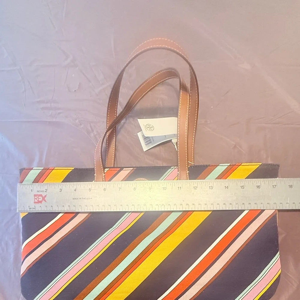 NWT Tory Burch Key Item Canvas/Leather Medley Multicolor Striped Tote MSRP $298 - Picture 10 of 11